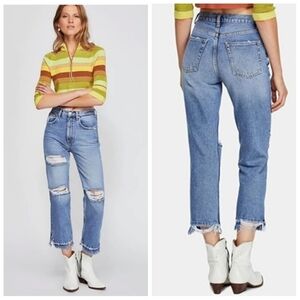 Free People We The Free Lita Slim Leg Distressed Cropped Women's 25 Medium Wash